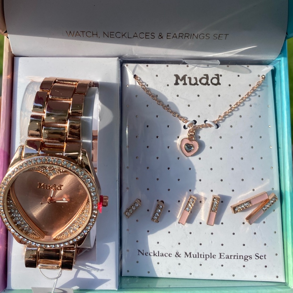 Mudd Rose Gold Earrings Necklace and Watch Set